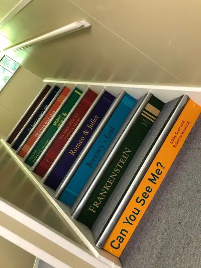 Book-spine stair riser vinyl graphics down a staircase, Can You See Me? and Frankenstein nearest