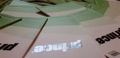 Pile of printed Prince accessories workbooks with green covers and Free Next Day Delivery text