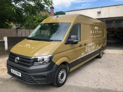 VW Crafter van in printed Alitex olive, full wrap for Alitex Glasshouses, front angle