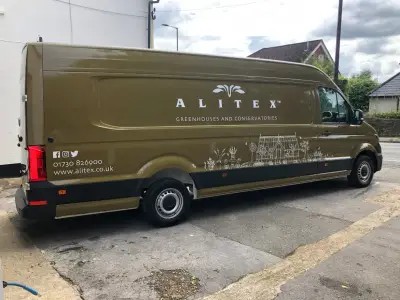 Alitex VW Crafter van in printed olive, full wrap with greenhouse illustration, offside profile