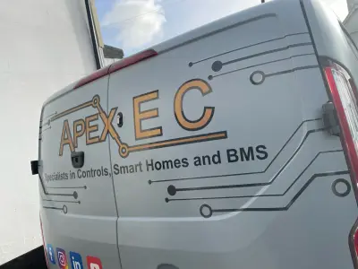 Silver Ford Transit Custom van, part wrap for Apex EC controls and smart homes, rear door circuit graphics