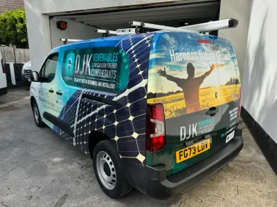 DJK Renewables Vauxhall Combo van, full wrap, rear quarter with Harness Nature's Power sunrise graphic