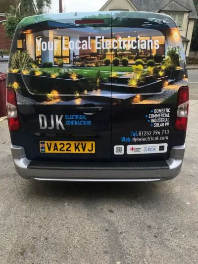 DJK Electrical van rear tailgate, full wrap reading Your Local Electricians with garden scene