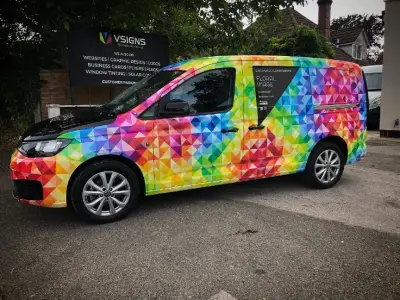 Rainbow-geometric VW Caddy van, full wrap for Floral Image flower service, side view