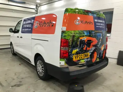 White van part-wrapped with Rod Gaskin Ltd Kubota tractor rear graphics, left rear quarter