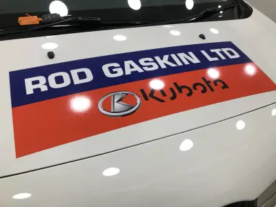 Rod Gaskin Ltd Kubota bonnet vinyl graphic on a white van