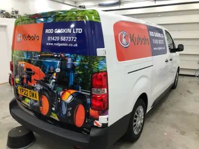 White van with Kubota tractor rear graphics and Rod Gaskin Ltd branding, rear quarter view