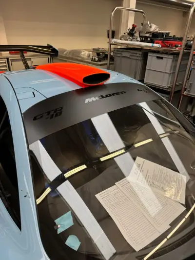 Gulf blue McLaren GTR-18 orange roof scoop and McLaren roof lettering detail