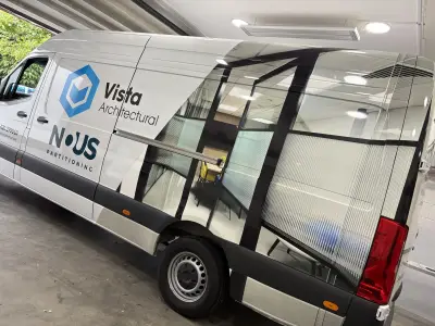Mercedes Sprinter wrapped with Vista Architectural NOUS Partitioning office glass graphics