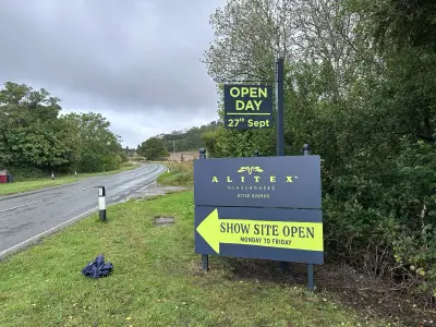 Alitex Glasshouses roadside site board with Open Day and Show Site Open directional panels