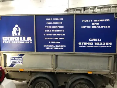 Blue Gorilla Tree Specialists signage panels on an Ifor Williams trailer listing tree services