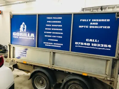 Galvanised Ifor Williams trailer with blue Gorilla Tree Specialists signwriting side panels