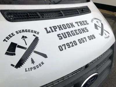 Close-up of black Liphook Tree Surgeons logo and phone number on a white van bonnet