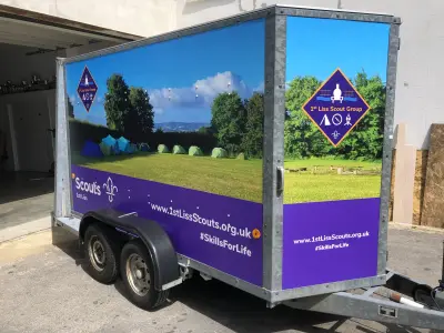 1st Liss Scouts box trailer wrapped with camping scene, logo and website graphics