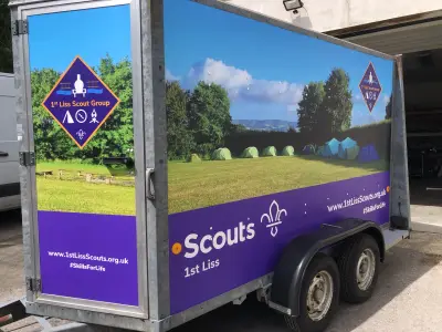 1st Liss Scout Group trailer full wrap with campsite photo and Scouts branding