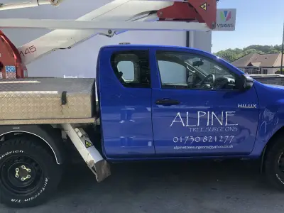 Blue Toyota Hilux with cherry-picker platform, white Alpine Tree Surgeons signwriting