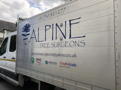 White Luton box truck with navy Alpine Tree Surgeons signwriting and accreditation logos