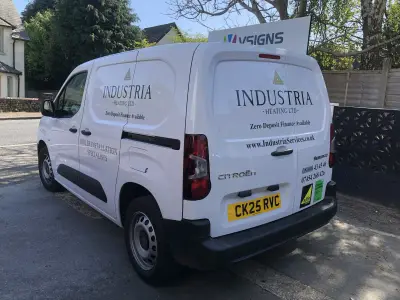 White Citroen Berlingo van with Industria Heating Ltd signwriting, Boiler Installation Specialists, reg CK25 RVC