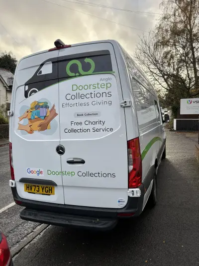 White Mercedes Sprinter van rear with Anglo Doorstep Collections charity collection graphics