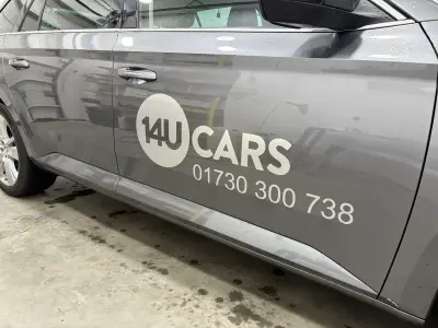 Grey car door with white 14U Cars logo and phone number 01730 300738 vinyl graphics