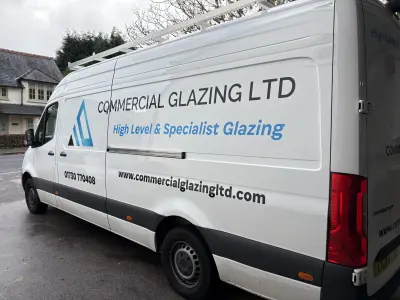 White Mercedes Sprinter van signwritten for Commercial Glazing Ltd, High Level & Specialist Glazing