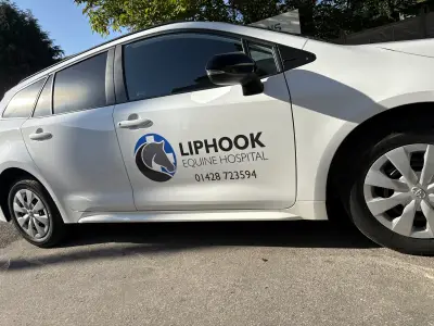White Toyota Corolla estate door with blue Liphook Equine Hospital horse logo graphics