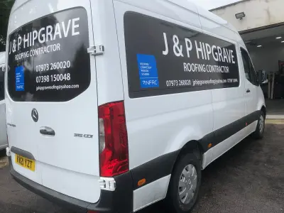 White Mercedes Sprinter van with J & P Hipgrave Roofing Contractor signwriting and contact details