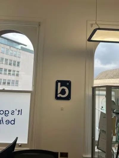 Bluebird Care bird logo plaque between office windows frosted with brand graphics