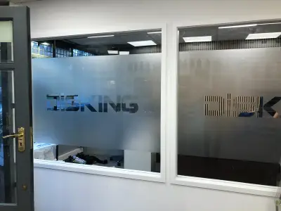Disking shop internal windows with frosted film and cut-out 'DISKING' logo graphics