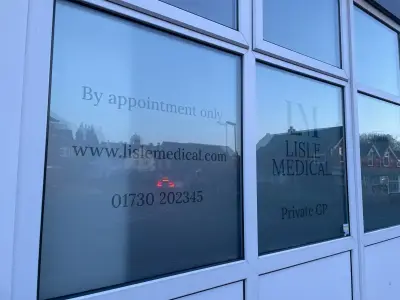 Lisle Medical frosted window graphics with logo, website and phone number