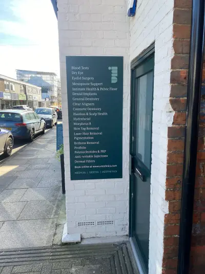Umi Clinic exterior services panel listing medical, dental and aesthetic treatments