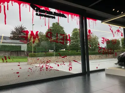 Showroom glazing with Help Me and No One Leaves blood-drip Halloween window graphics