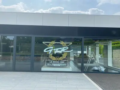 GTR Le Mans 1995 anniversary window graphic on the McLaren Petersfield showroom glazing